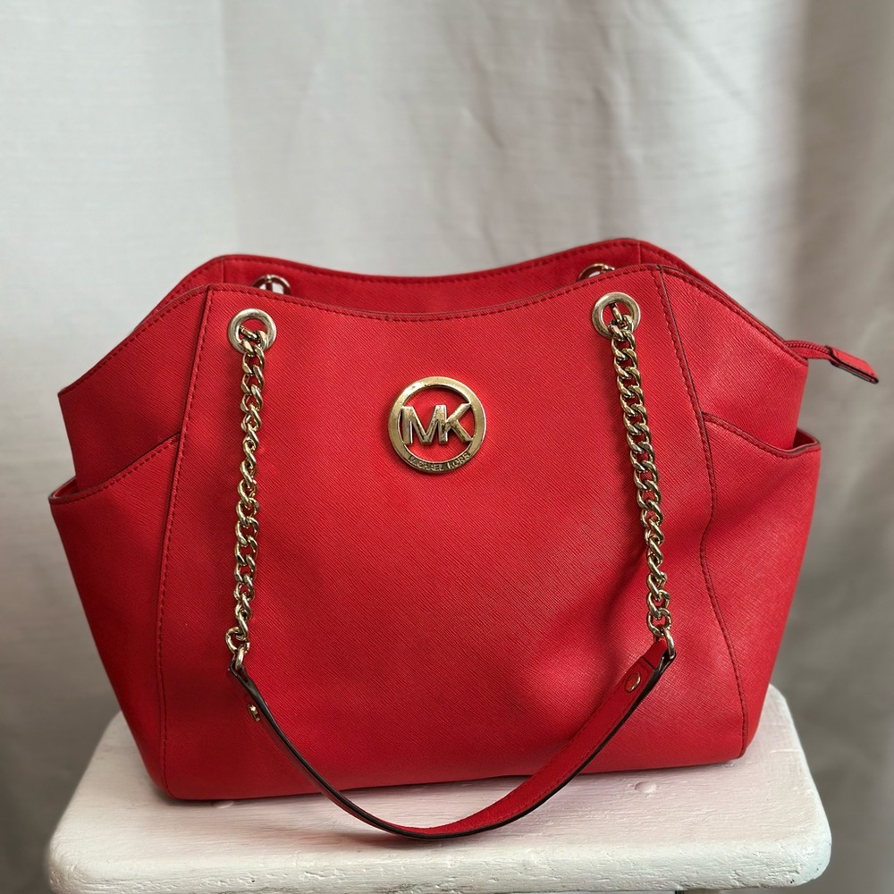 Michael Kors Red Shoulder Bag with Gold Chain Straps